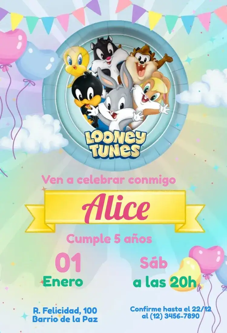 Invitación Looney Tunes Baby Candy Color – tema Más buscados color caramelo, divertido, colorido, temático, infantil, lúdico