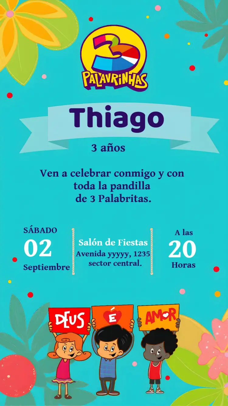 Invitación 3 Palabritas Azul – tema Más buscados colorido, gospel, infantil, naturaleza, divertido