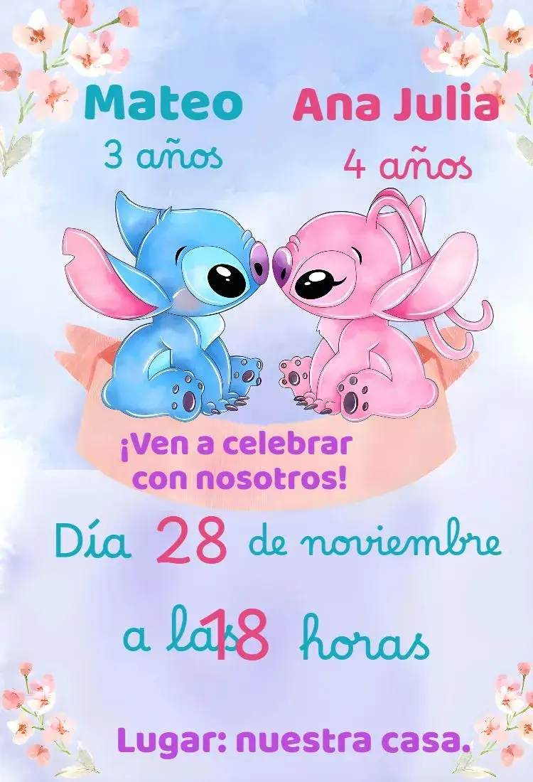 Invitación cumpleaños infantil Angel y Stitch