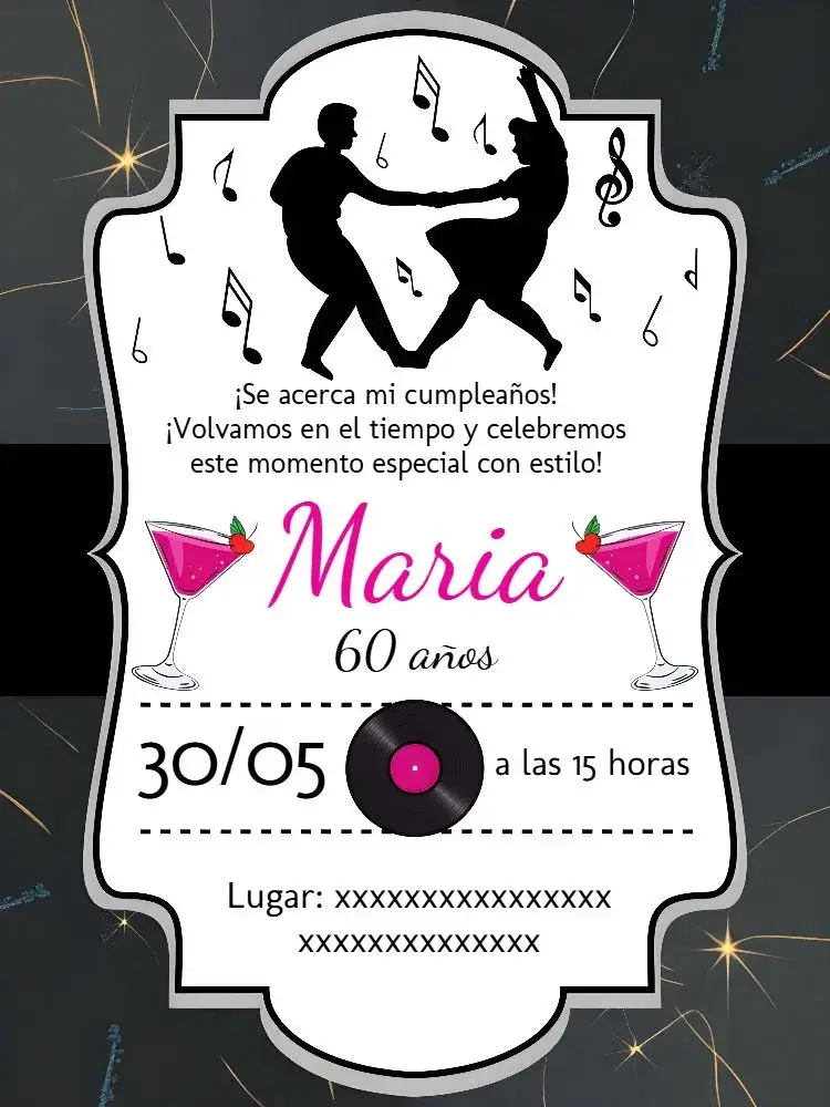 Invitación Años 60 Baile – tema Cumpleaños vintage, colorido, discoteca, retro, musical, divertido