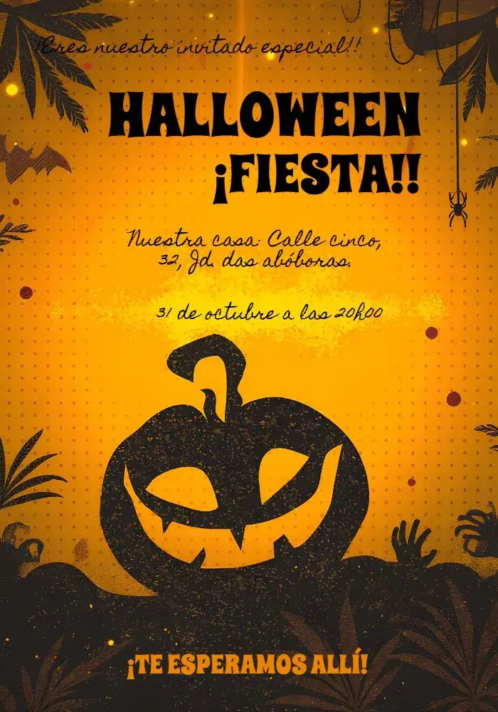 Invitación Fiesta De Halloween Murciélago – tema Fechas Conmemorativas naranja y negro, elementos de terror, murciélagos, arañas, calabazas, estilo divertido