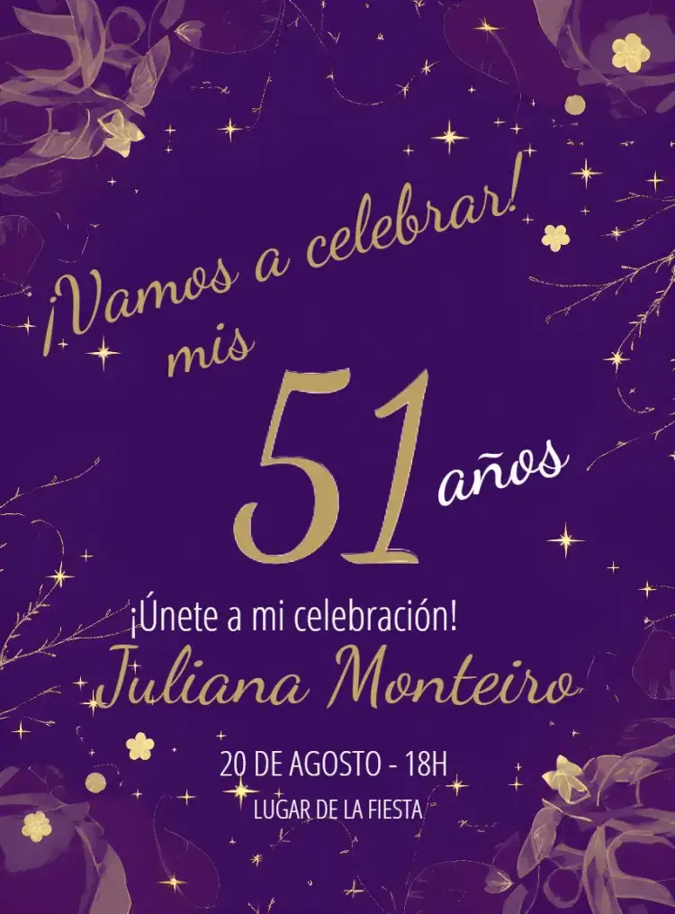 Invitación Púrpura Y Dorado Estrellas 50 – tema Cumpleaños púrpura, dorado, estrellas, elegante, moderno
