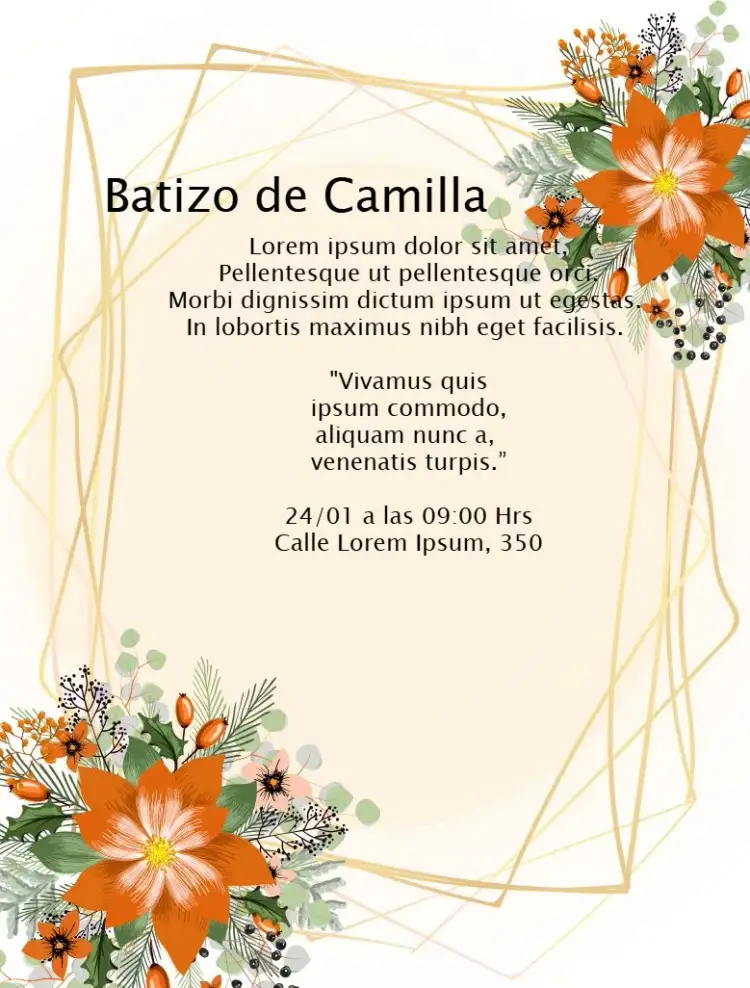 Invitación Bautizo Niña Floral Delicado – tema Bautismo floral, delicado, dorado, romántico, pastel, elegante