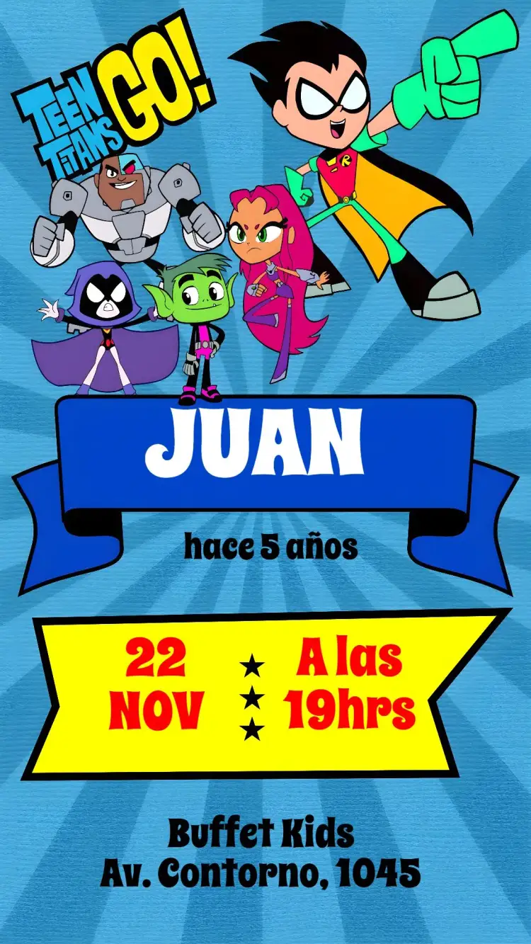 Invitación Jóvenes Titanes – tema Cumpleaños Infantil colorido, divertido, moderno, temático, infantil