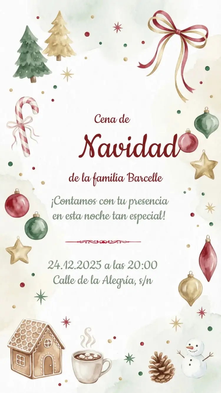 Invitación Invitación fiesta de Navidad – tema Fechas Conmemorativas rojo y verde, dorado, minimalista, vintage, temático, ilustraciones navideñas