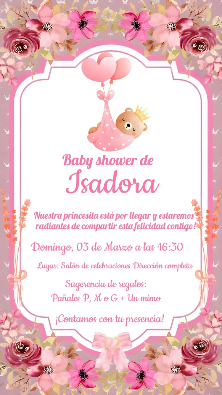 Invitación Baby Shower Osita Princesa Flores
