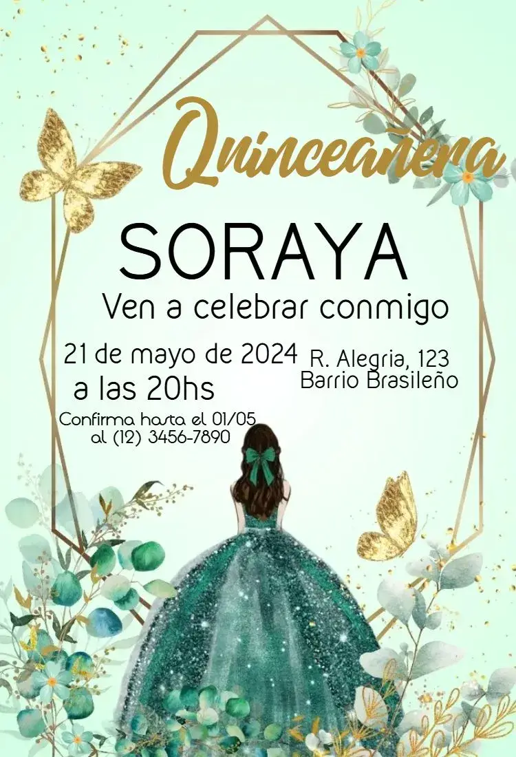 Invitación Quinceañera 15 años Floral Oro y Verde