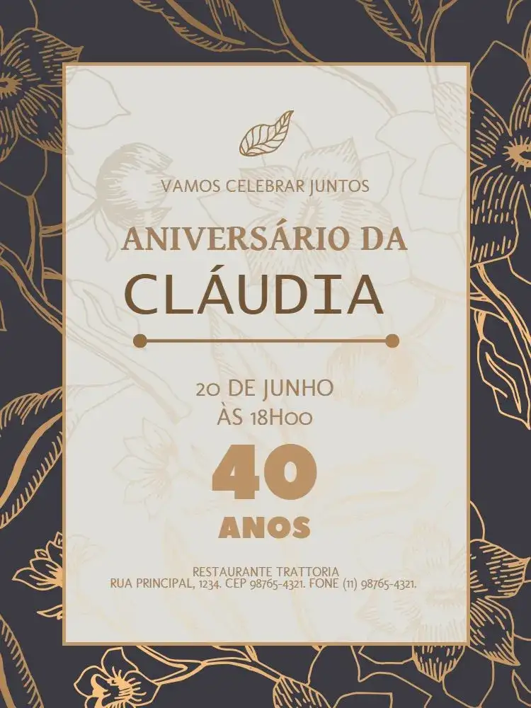 Invitación 40 Años Elegante Adulto – tema Cumpleaños Infantil elegante, floral, dorado, moderno, sofisticado, minimalista
