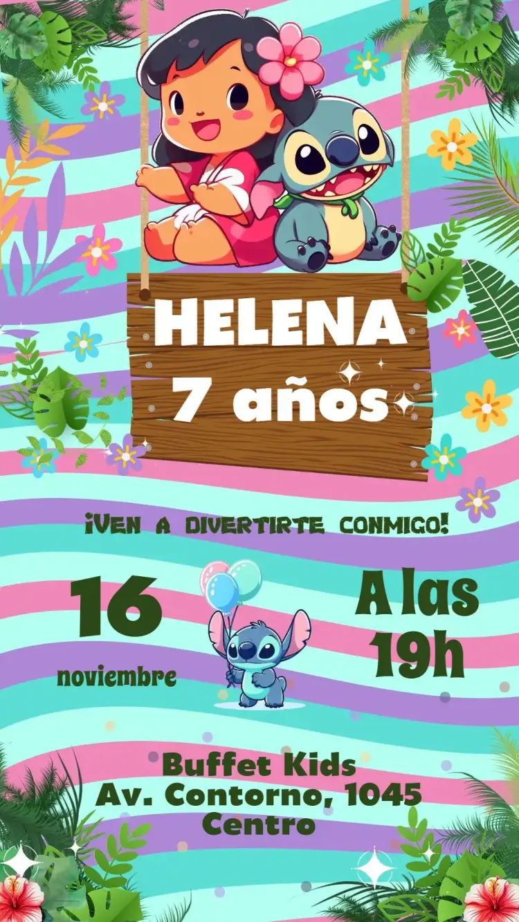 Invitación Lilo y Stitch – tema Cumpleaños Infantil colorido, divertido, tropical, Disney, infantil, animado