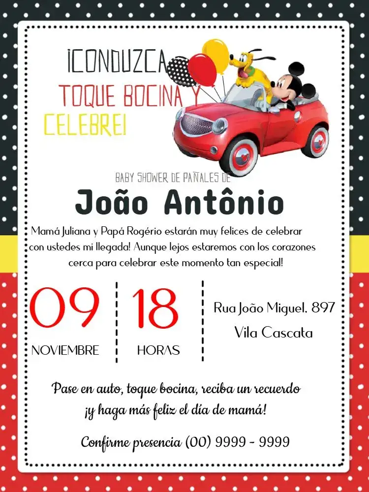 Invitación Baby Shower de Mickey Poa – tema Baby Shower Mickey Mouse, estampado de lunares, tonos vibrantes, contemporáneo, divertido