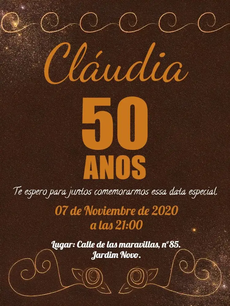 Invitación 50 Años Cobre – tema 15 años dorado, cobrizo, brillo, purpurina, elegante, vibrante