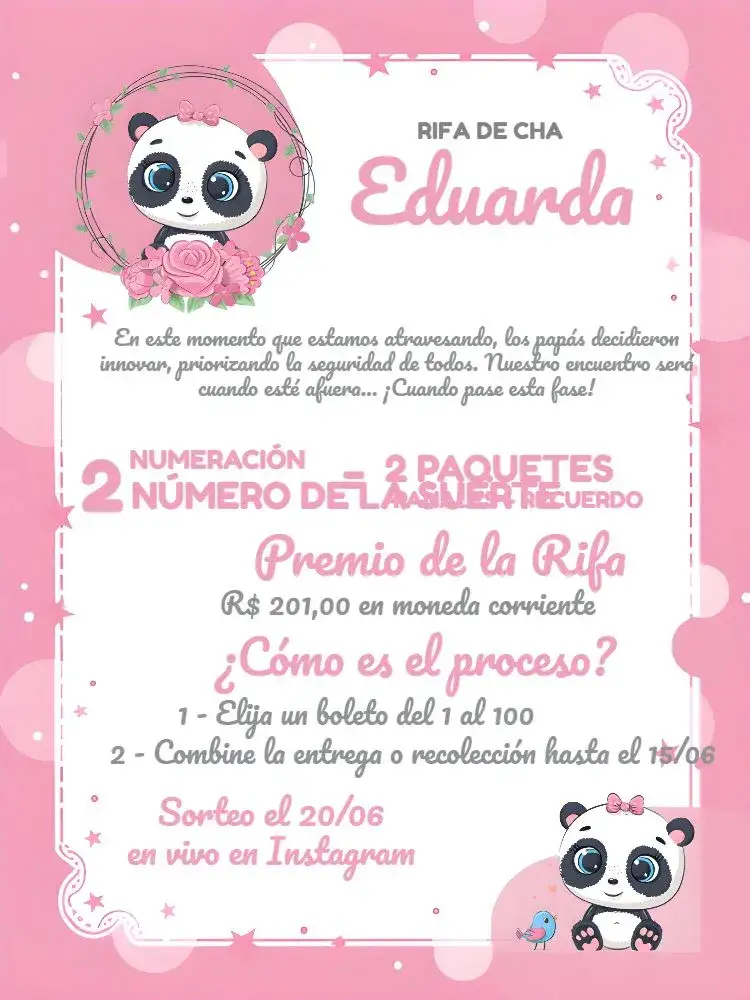 Invitación Té Rifa Pandita Blanco – tema Té Rifa lindo, para niños, contemporáneo, lleno de color, minimalista
