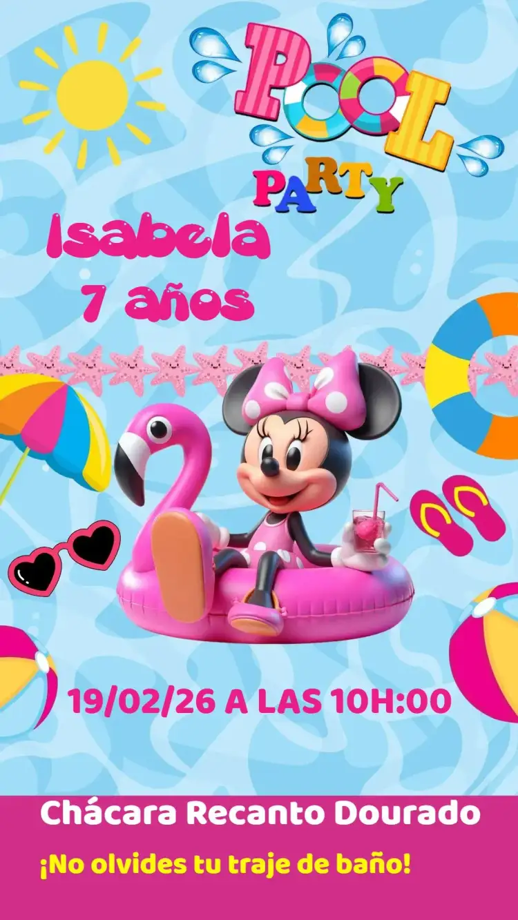 Invitación Minnie Fiesta en la Piscina – tema Cumpleaños Infantil colorido, divertido, temático, aqua, infantil