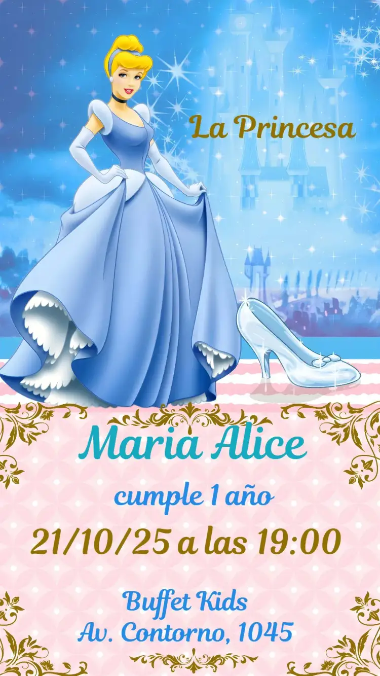 Invitación Cenicienta – tema Cumpleaños Infantil azul claro, dorado, estrellas, estilo cuento de hadas, elementos de realeza, ilustraciones de princesas