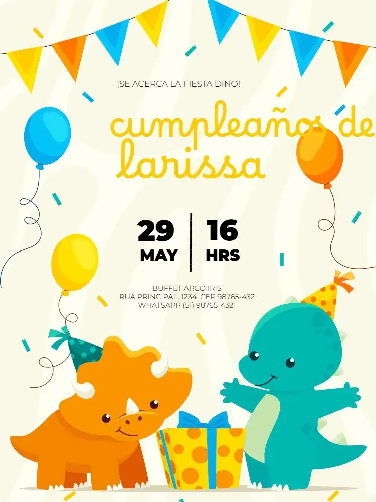 Invitación Dinosaurio Baby Colorido Bandera – tema Cumpleaños Infantil colorido, lúdico, divertido, temático, infantil, vibrante