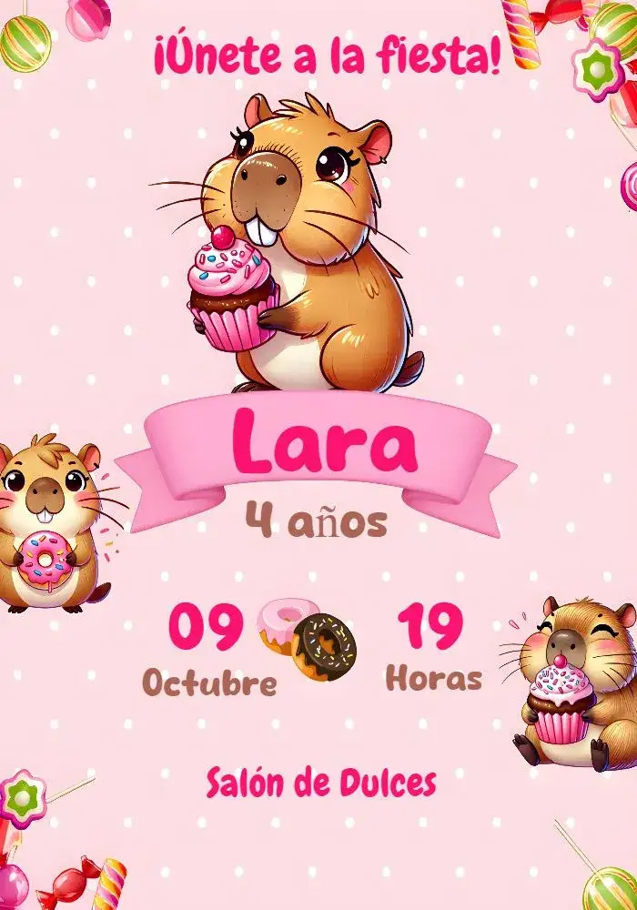 Invitación Capivara Donuts – tema Cumpleaños Infantil rosa, divertido, infantil, colorido, doce, temático