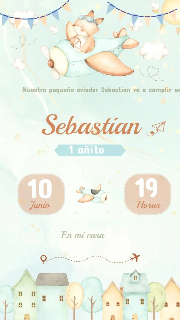 Invitación Invitación Cumpleaños Aviador – tema Cumpleaños Infantil piloto, nubes, azul y blanco, ilustraciones divertidas, estilo vintage, aventura