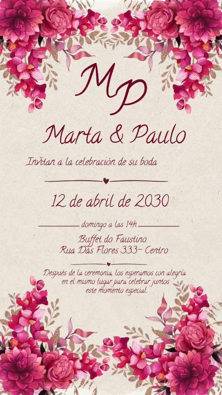 Invitación Boda Floral Marsala editable y personalizable