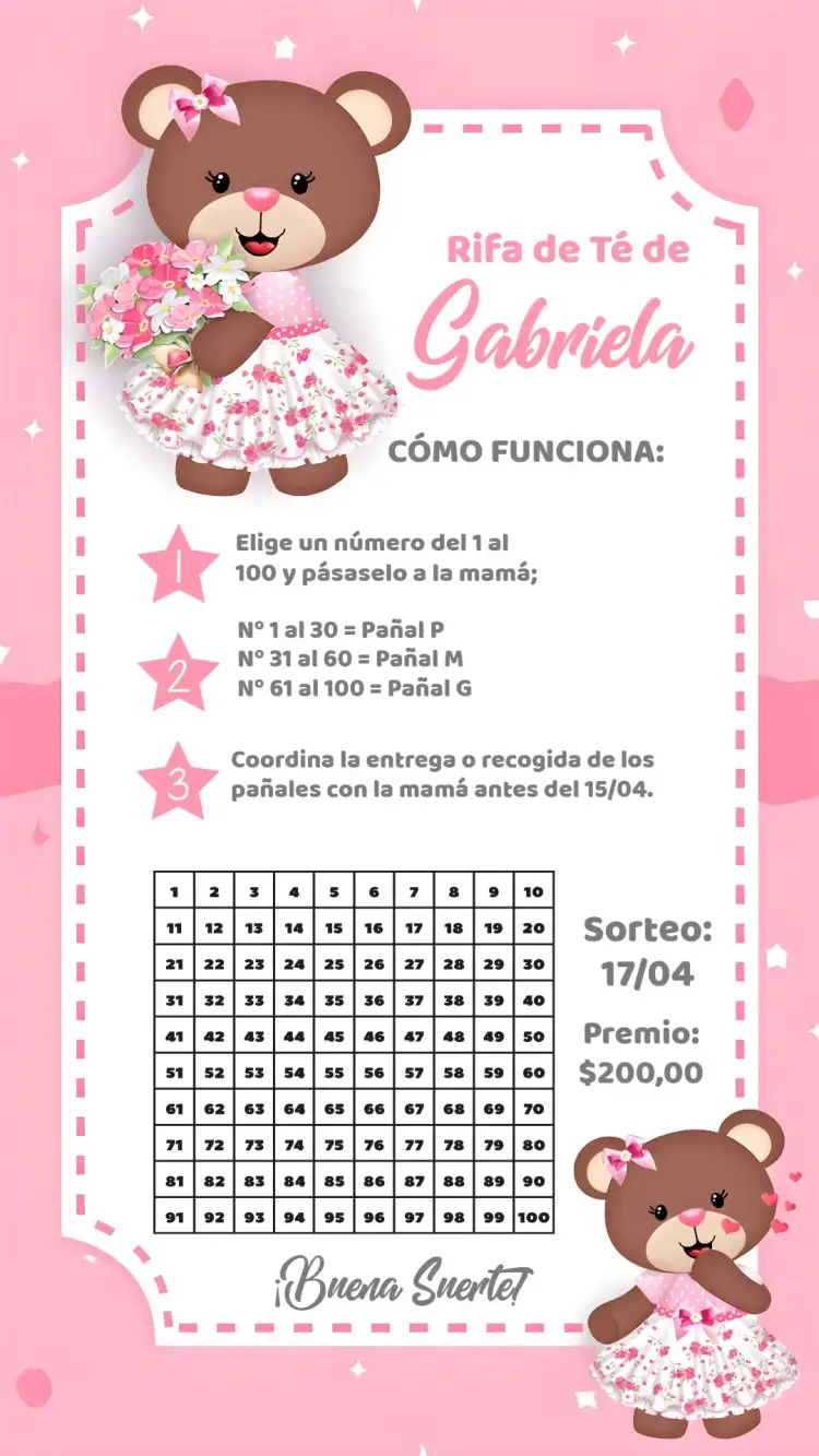Invitación Té Rifa Osita Princesa Marrón – tema Té Rifa cariñosa, delicada, romántica, colorida, infantil