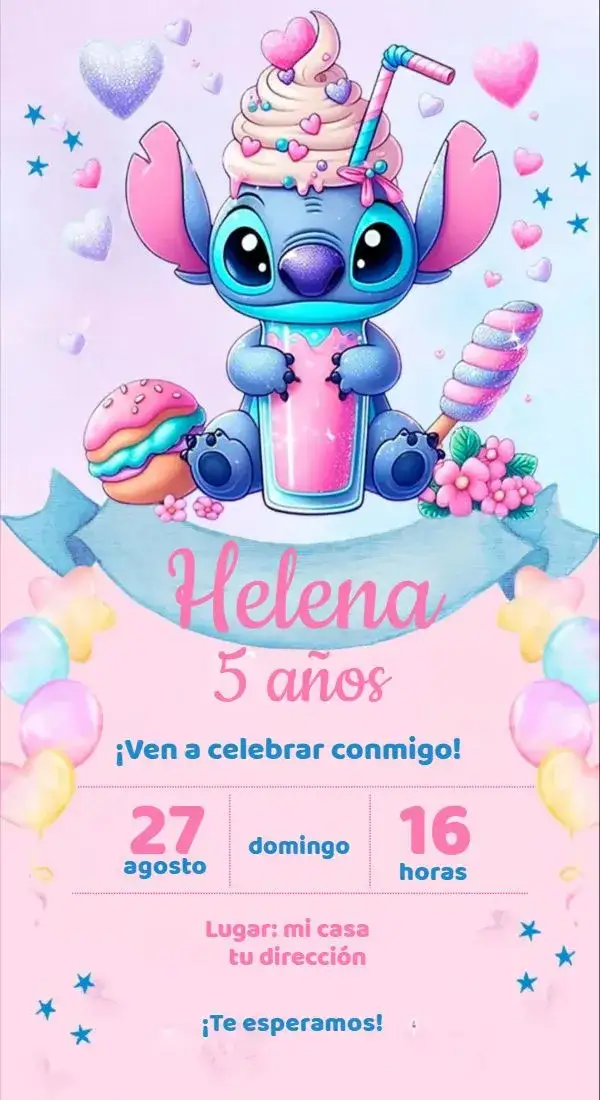 Invitación Stitch Doceria – tema 15 años rosa, pastelería, infantil, divertido, colorido, lúdico