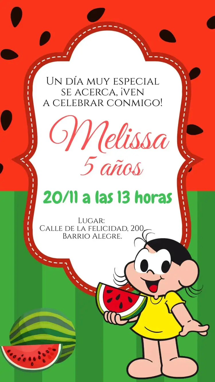 Invitación Cumpleaños de Magali – tema Cumpleaños Infantil colorido, lúdico, infantil, divertido, turma da Mônica, verão