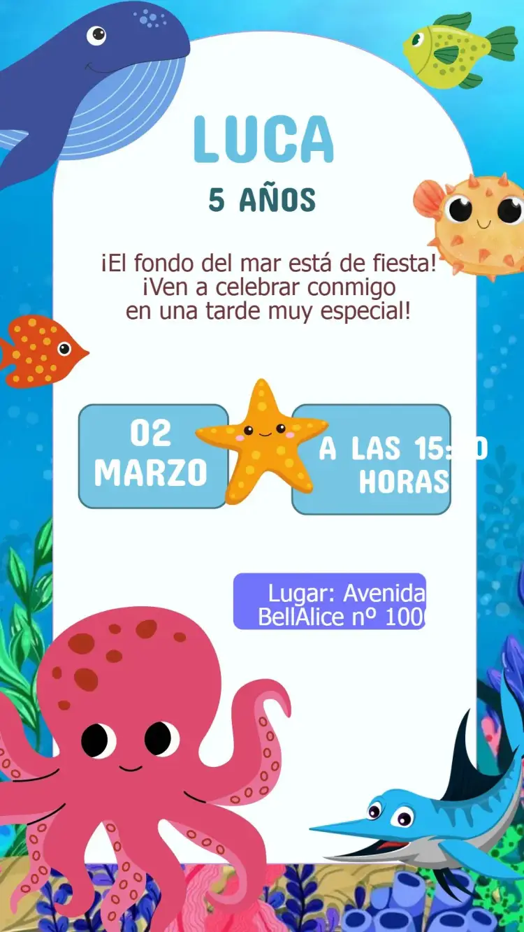 Invitación Cumpleaños Fondo del Mar Colores Vivos