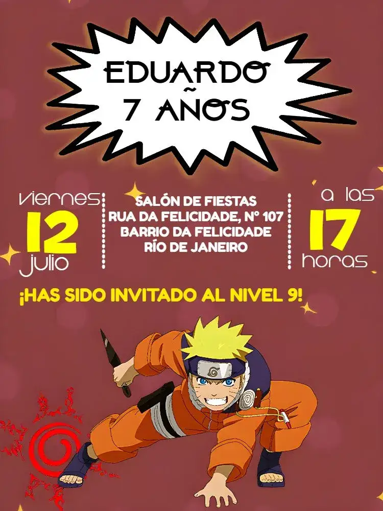 Invitación Naruto Digital – tema Cumpleaños Infantil rojo, amarillo, anime, divertido, lúdico, aventura