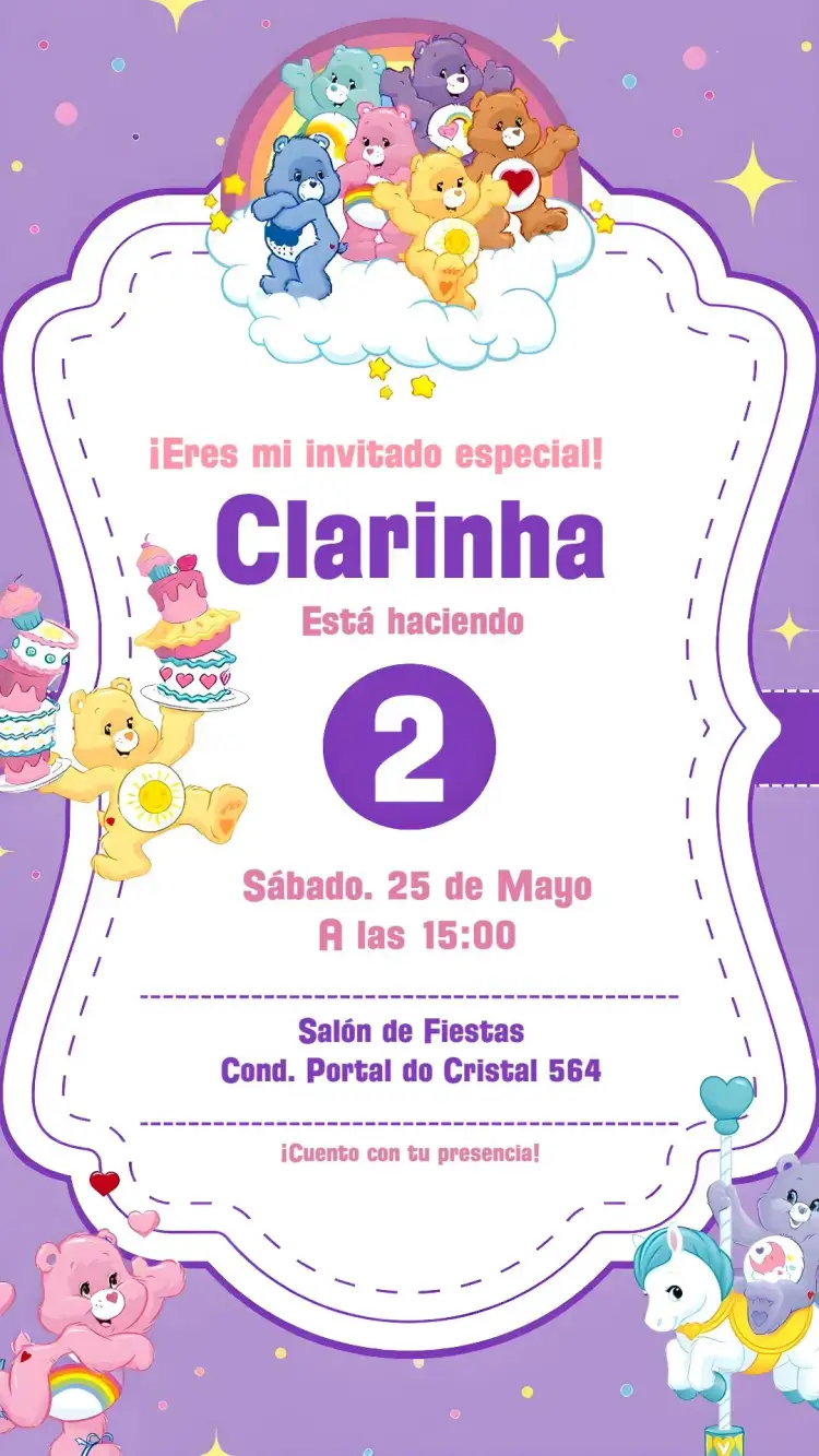 Invitación Osos Cariñosos Infantil – tema Cumpleaños Infantil lila, colorido, infantil, lúdico, afectuoso, divertido