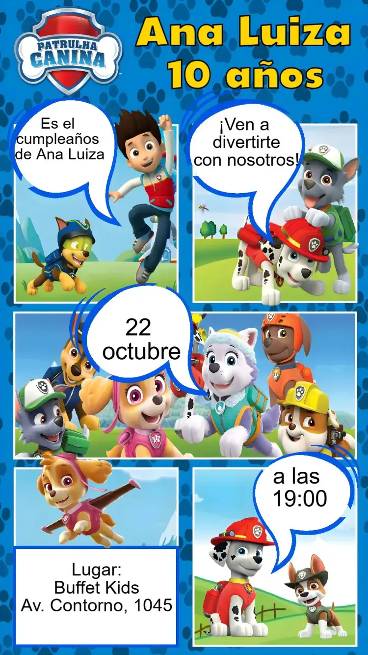 Invitación Patrulla Canina – tema Cumpleaños Infantil colorido, divertido, temático, infantil, ilustraciones animadas