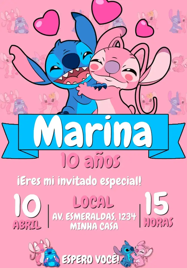 Invitación Invitación Cumpleaños Stitch y Angel Personalizada Editable – tema Tarjeta colorido, divertido, infantil, moderno, lúdico