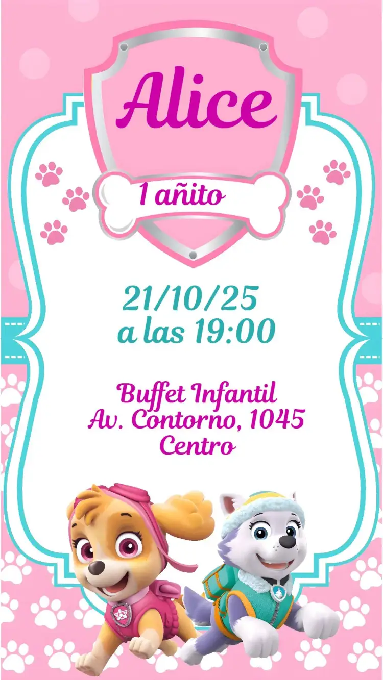 Invitación Patrulla Canina Sky y Everest – tema Cumpleaños Infantil colorido, divertido, infantil, aventura, temático, animales