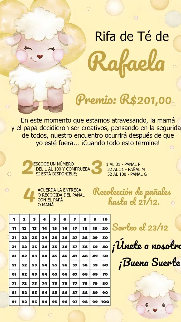 Invitación Té Rifa Ovejita Oveja – tema Té Rifa amarillo, dorado, neutro, infantil, tierno, divertido