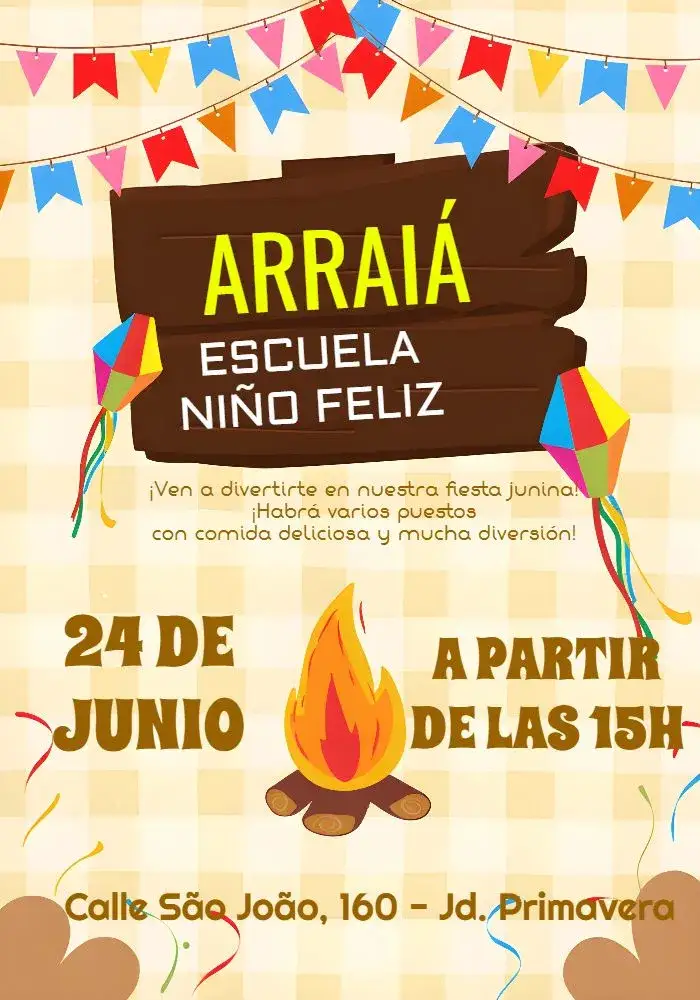 Invitación Arraiá Fiesta Junina Colegio João – tema Fechas Conmemorativas colorido, tradicional, rústico, divertido, festeiro