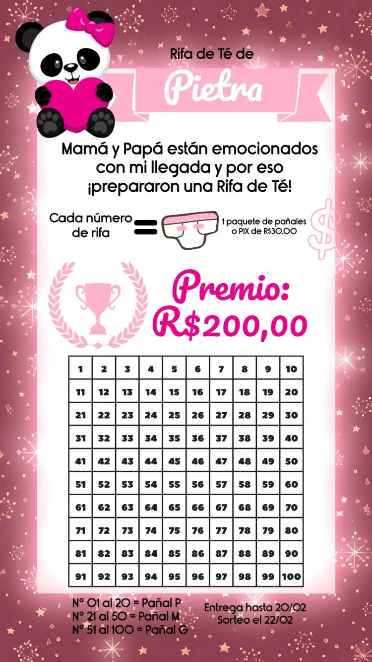 Invitación Chá Rifa Pandinha Cha – tema Té Rifa rosa, blanco, panda, divertido, infantil, moderno