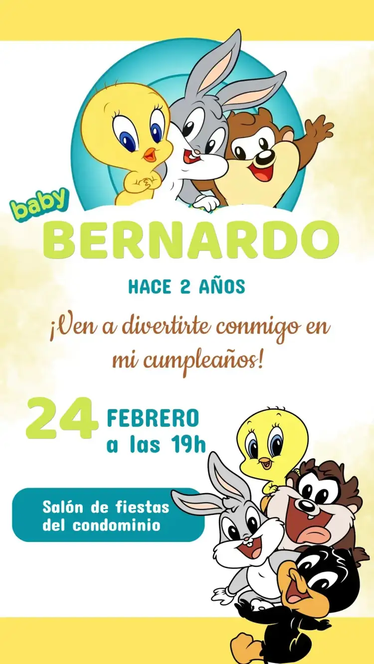 Invitación Invitación Cumpleaños Baby Looney Tunes – tema Cumpleaños Infantil colorido, divertido, lúdico, moderno, infantil, animado
