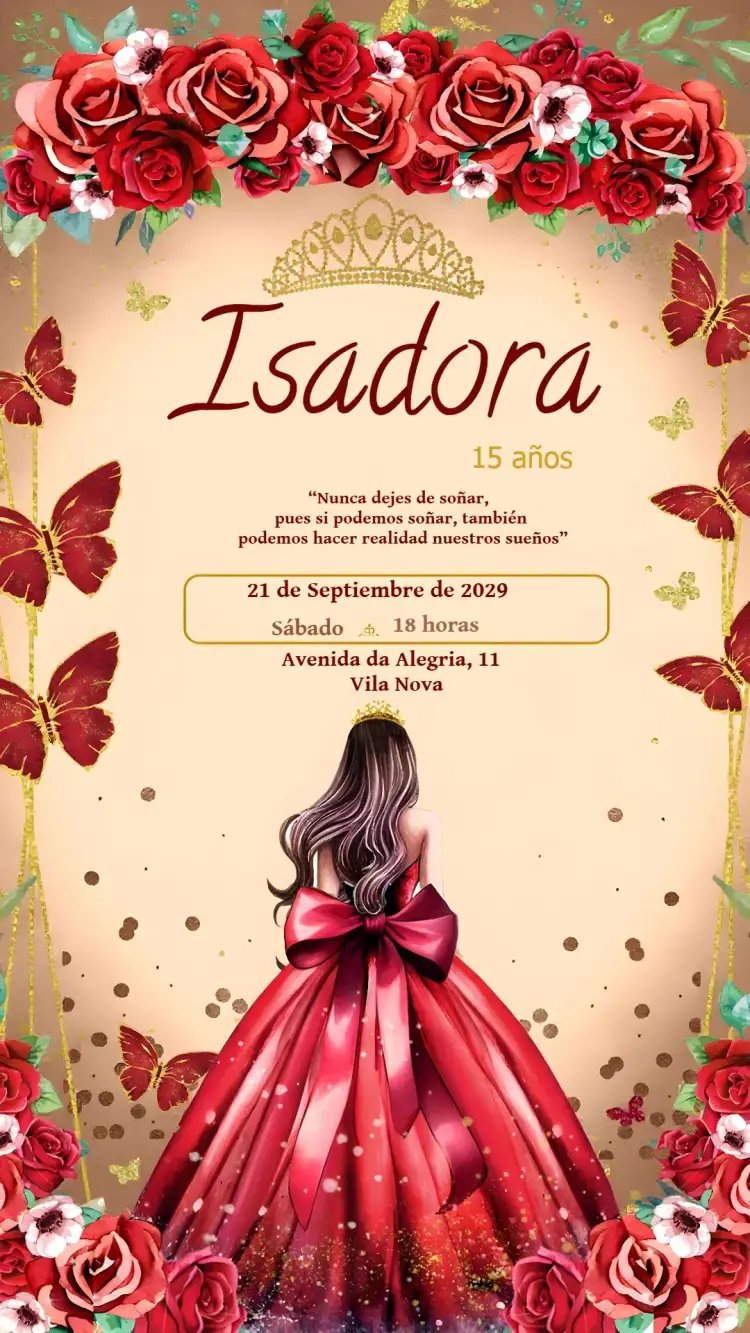 Invitación 15 Años Quinceañera Vestido – tema 15 años rojo, floral, brillante, princesa, elegante, moderno