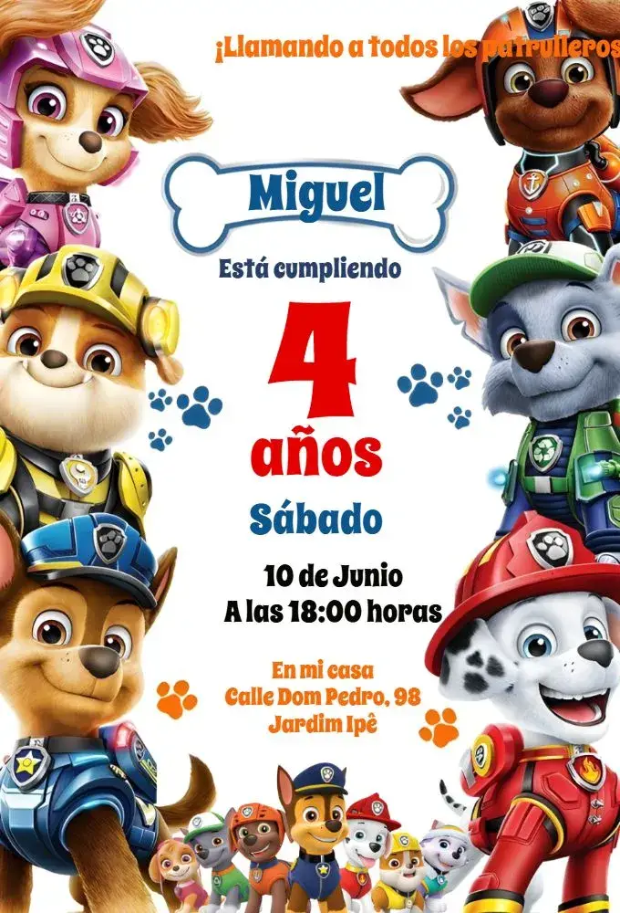 Invitación Patrulla Canina editable y personalizable