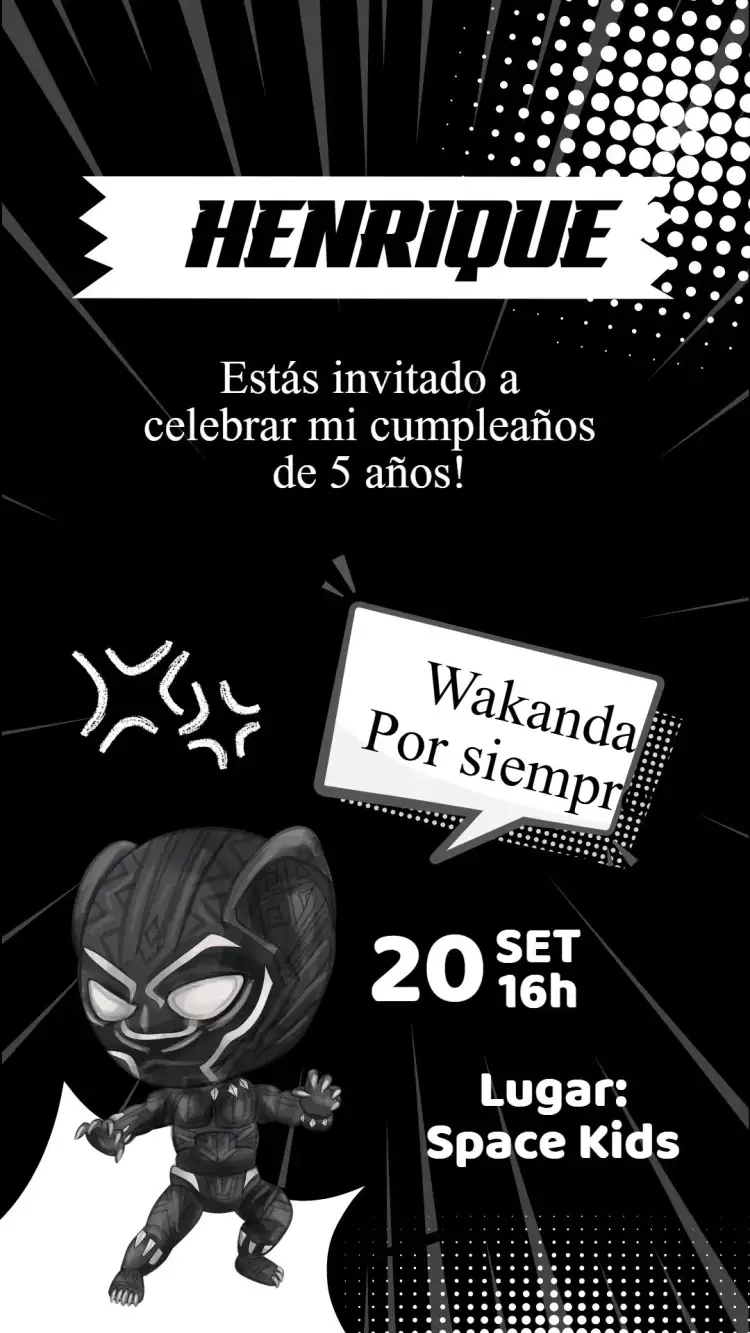 Invitación Invitación Cumpleaños El Pantera Negra – tema Cumpleaños Infantil vibrante, moderno, superhéroe, colorido, aventura, fantasía
