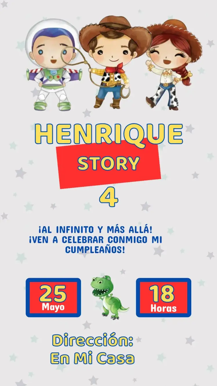 Invitación Invitación Cumpleaños Toy Story – tema Cumpleaños Infantil colorido, divertido, ilustraciones de personajes, estilo de dibujos animados, temática de aventura, estilo festivo