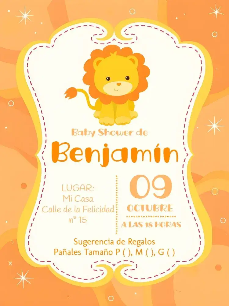 Invitación Baby Shower León Digital – tema Baby Shower cachorrito, tonos suaves, estilo divertido, puntos coloridos, temática de bebé, diseño acogedor
