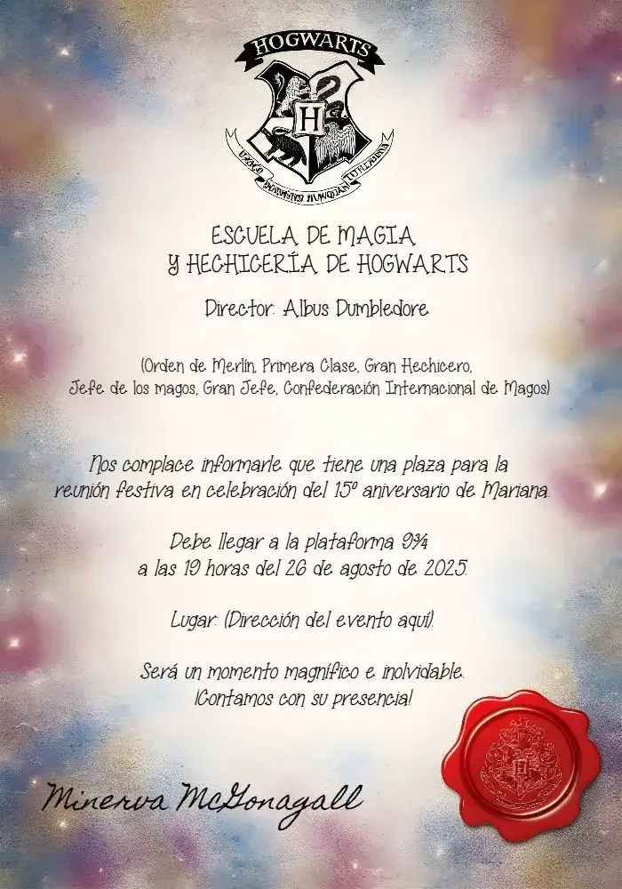 Invitación Carta De Hogwarts Potter – tema Cumpleaños Infantil mágico, fantasía, vibrante, ilustrativo, colorido, aventura