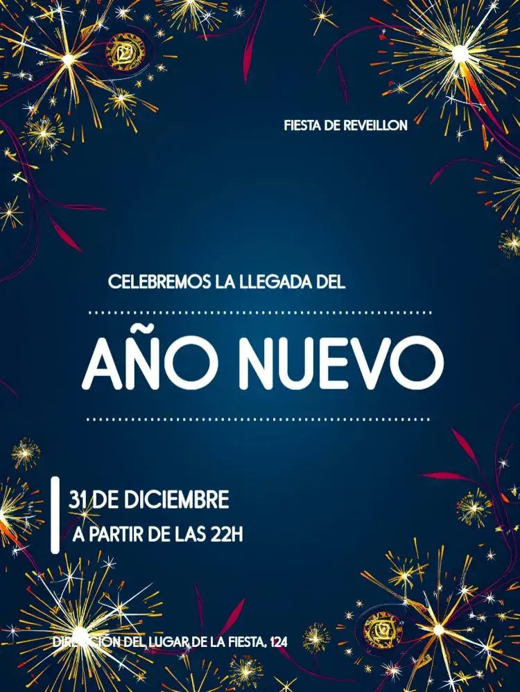 Invitación Víspera de Año Nuevo – tema Fechas Conmemorativas dorado, colorido, moderno, festivo, minimalista, vibrante