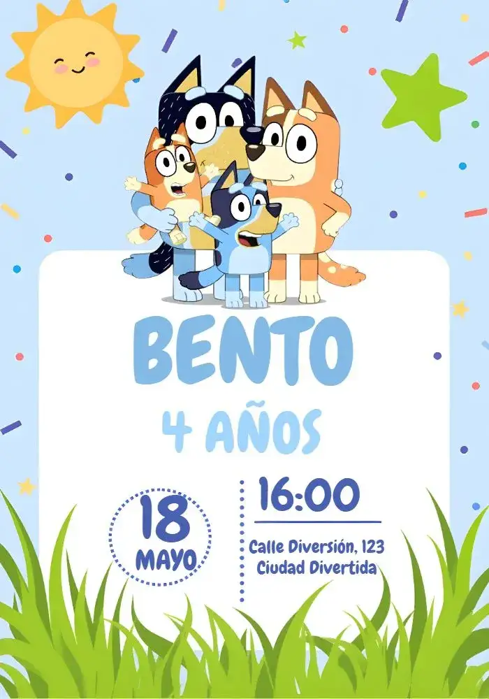 Invitación Bluey Y Bingo Azul – tema Más buscados azul, colorido, divertido, infantil, temático