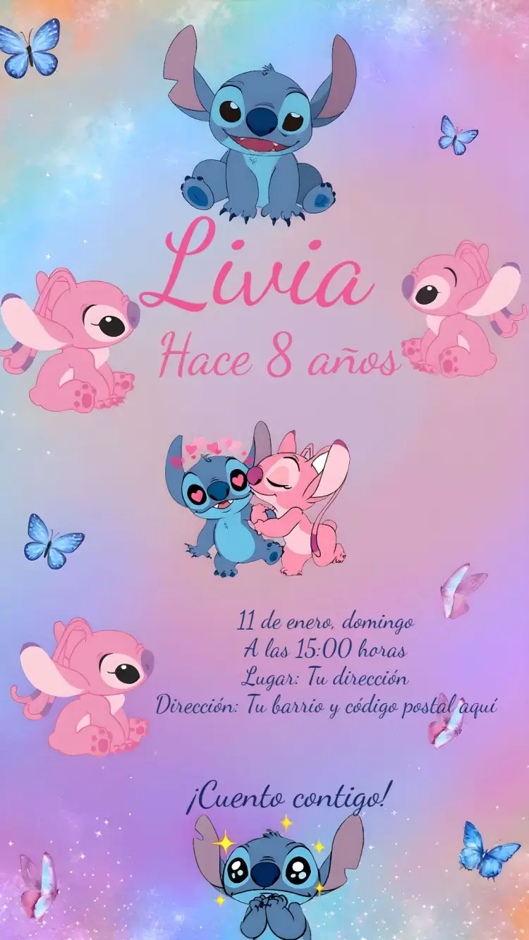 Invitación Stitch Y Angel Azul editable y personalizable