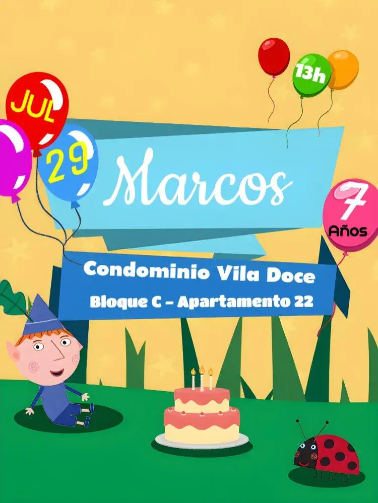Invitación Ben & Holly Chicos – tema Cumpleaños Infantil naturaleza, divertido, colorido, fantasía, ilustraciones animadas, aventura