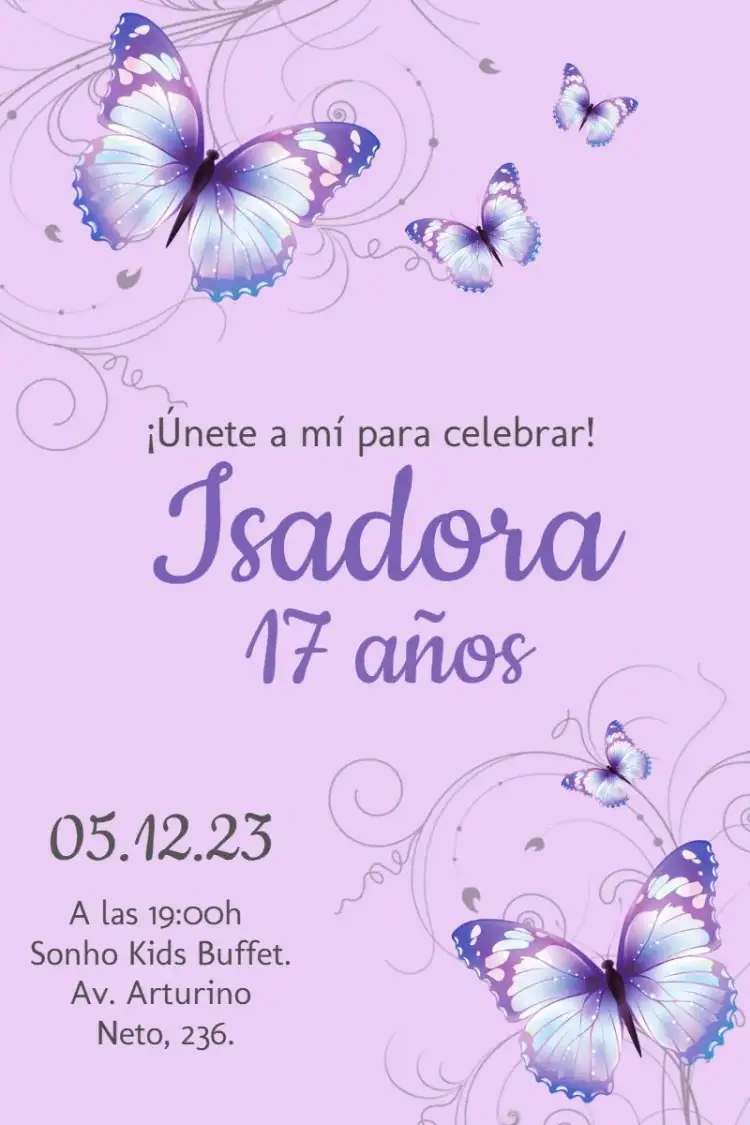 Invitación Mariposa Morada – tema Más buscados floral, delicado, moderno, elegante, colorido, feminino
