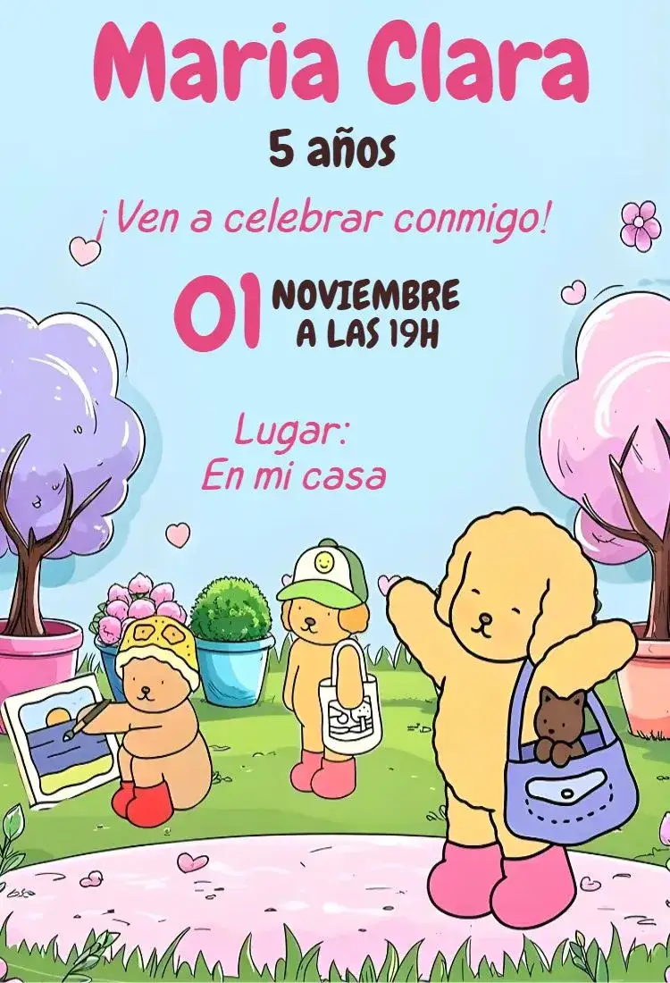 Invitación Invitación Digital Bobbie Goods – tema Cumpleaños kawaii, minimalista, lindo, delicado, moderno