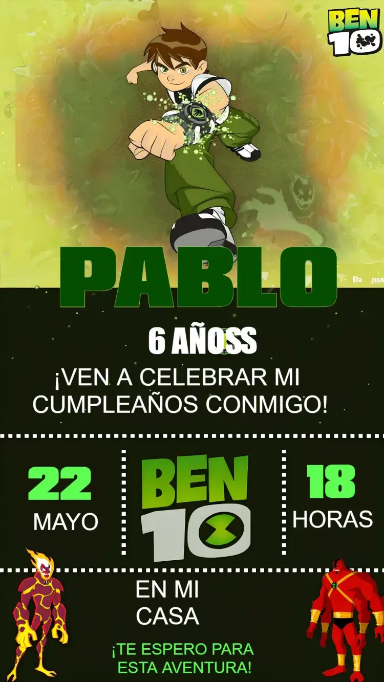 Invitación Ben10 Verde – tema Cumpleaños Infantil verde, negro, moderno, divertido, temático, juvenil