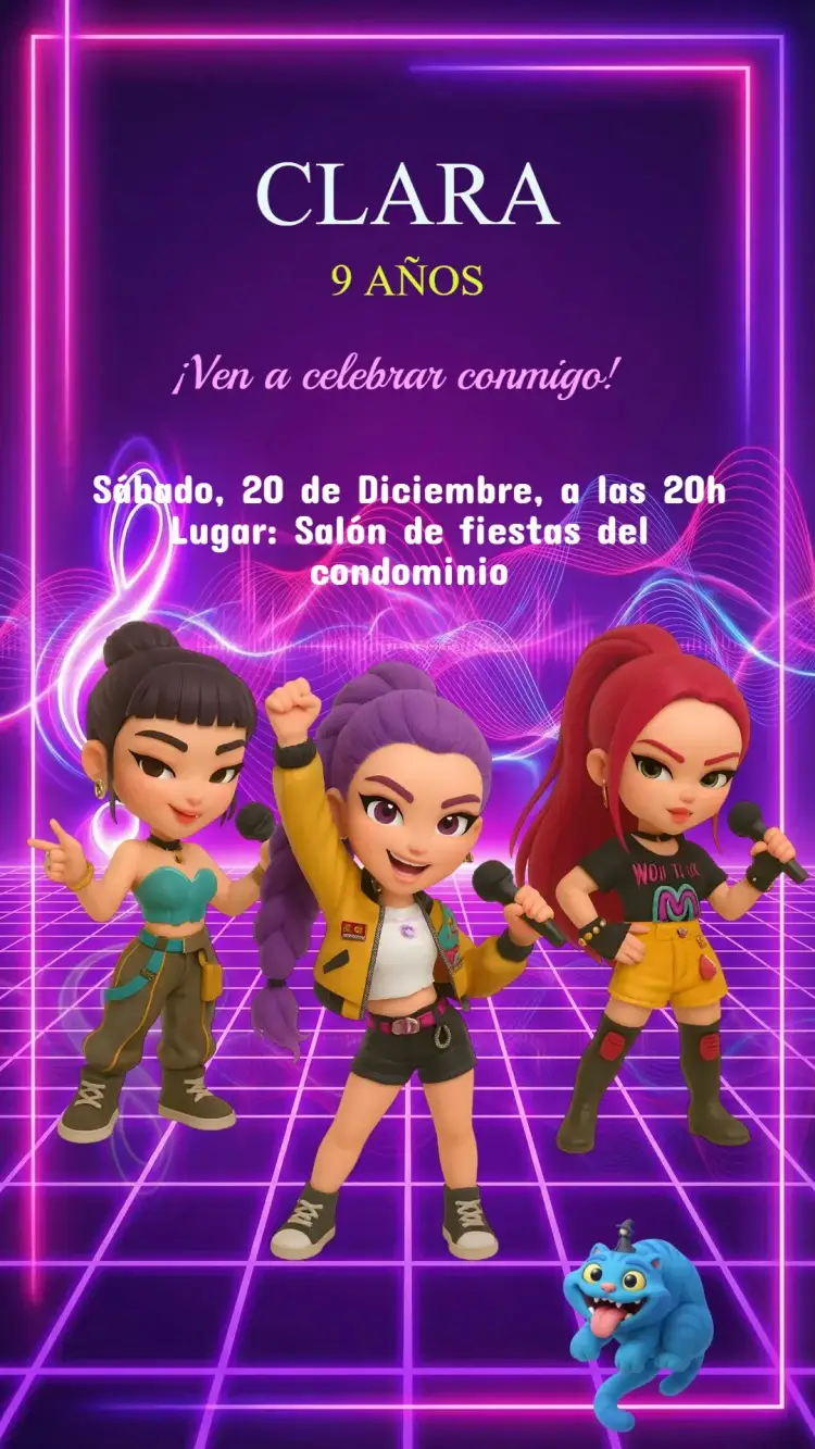 Invitación Invitación Cumpleaños Guerrera K-Pop – tema Cumpleaños Infantil colorido, moderno, brillante, dinámico, pop