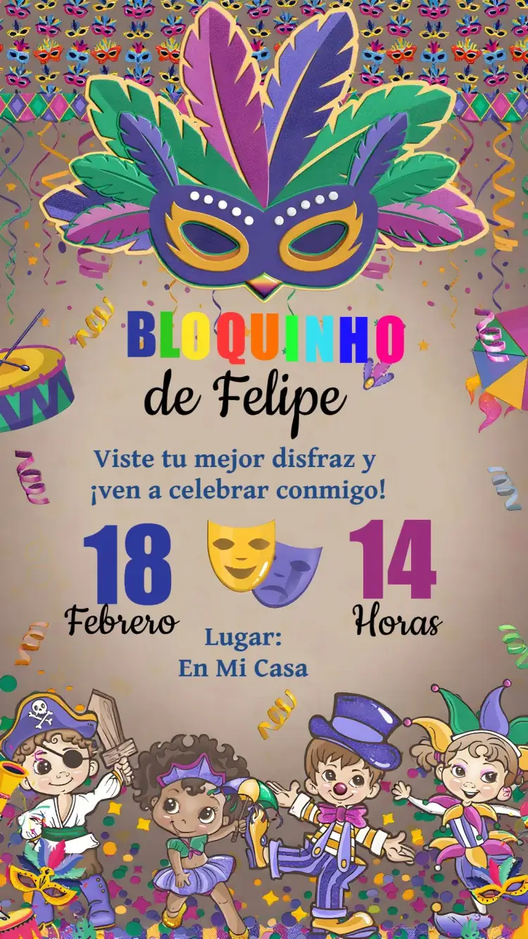 Invitación Carnaval Samba – tema Fechas Conmemorativas colorido, juguetón, tropical, festivo, vibrante, carnavalesco